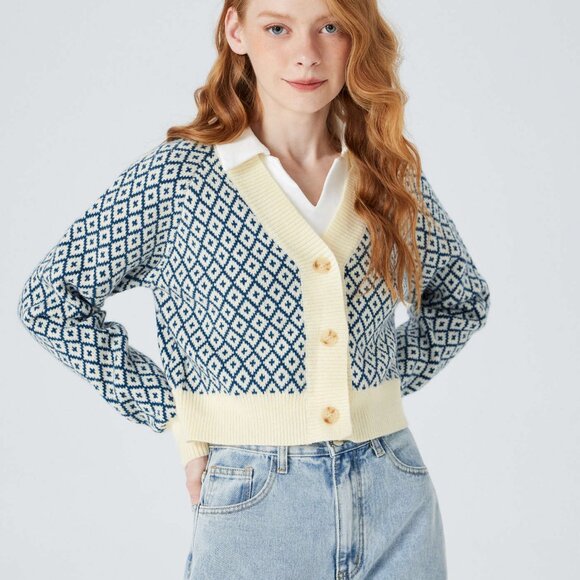 Cider Print Cream Blue Button Up Cardigan XL - Picture 5 of 9